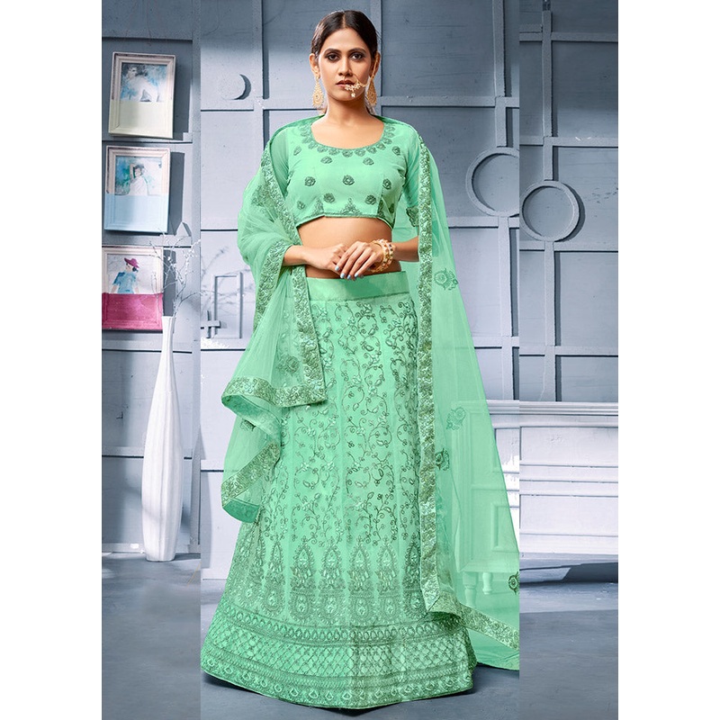 Sea Green Semi Stitched Net Lehenga Choli Set With Dupatta - JD986596483