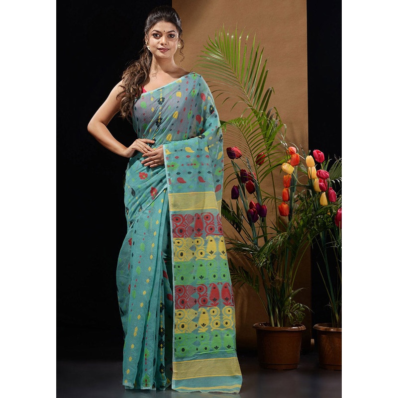 Sea Green Tant Jamdani Saree Without Blouse Piece - JD986596542