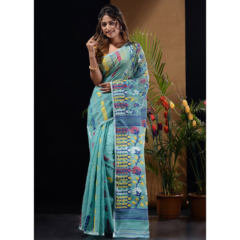 Sea Green Tant Jamdani Saree Without Blouse Piece - JD986596557