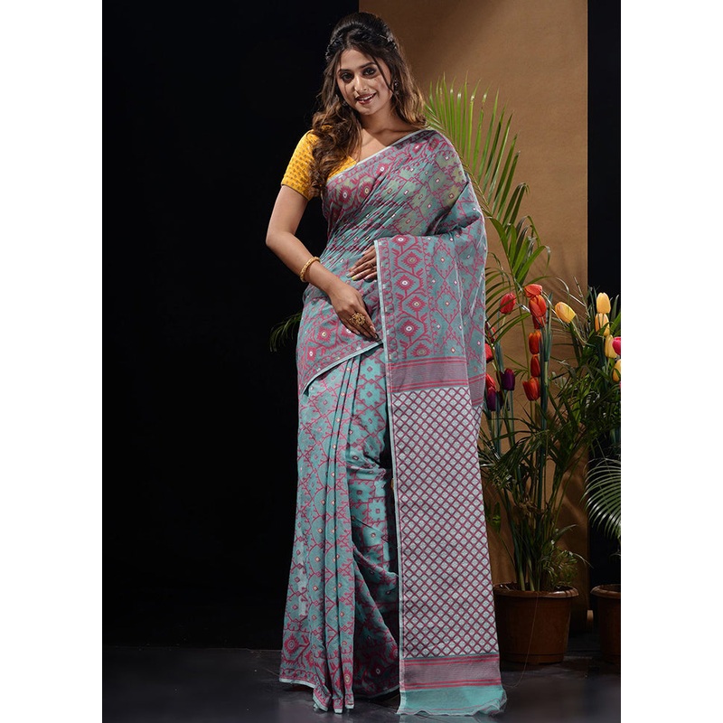 Sea Green Tant Jamdani Saree Without Blouse Piece - JD986596568