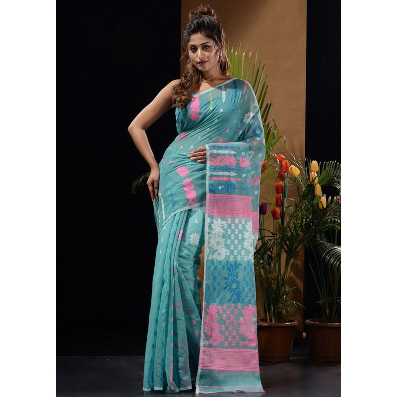 Sea Green Tant Jamdani Saree Without Blouse Piece - JD986596589