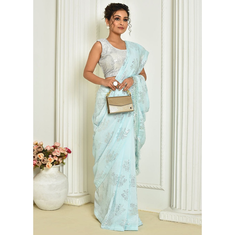 Sky Blue Spun Silk Saree With Blouse Piece - JD986596489