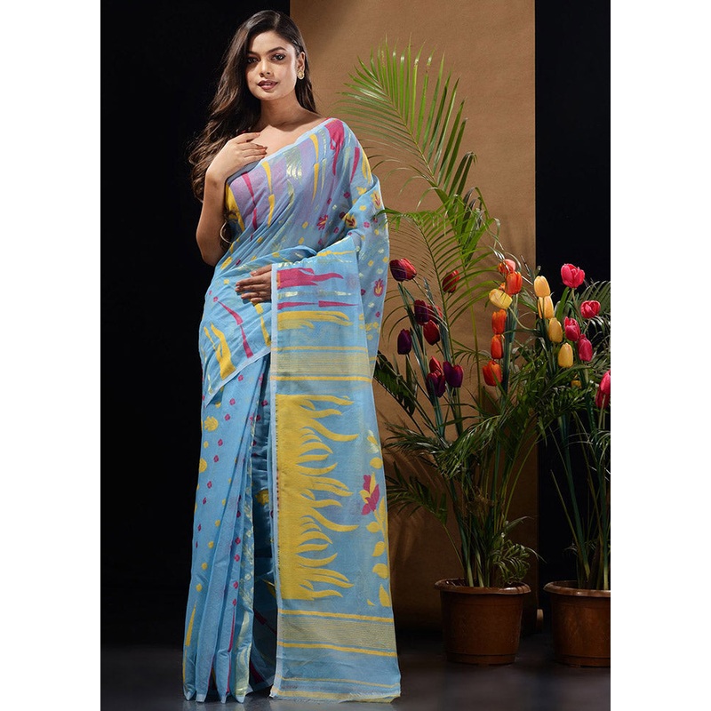 Sky Blue Tant Jamdani Saree Without Blouse Piece - JD986596500