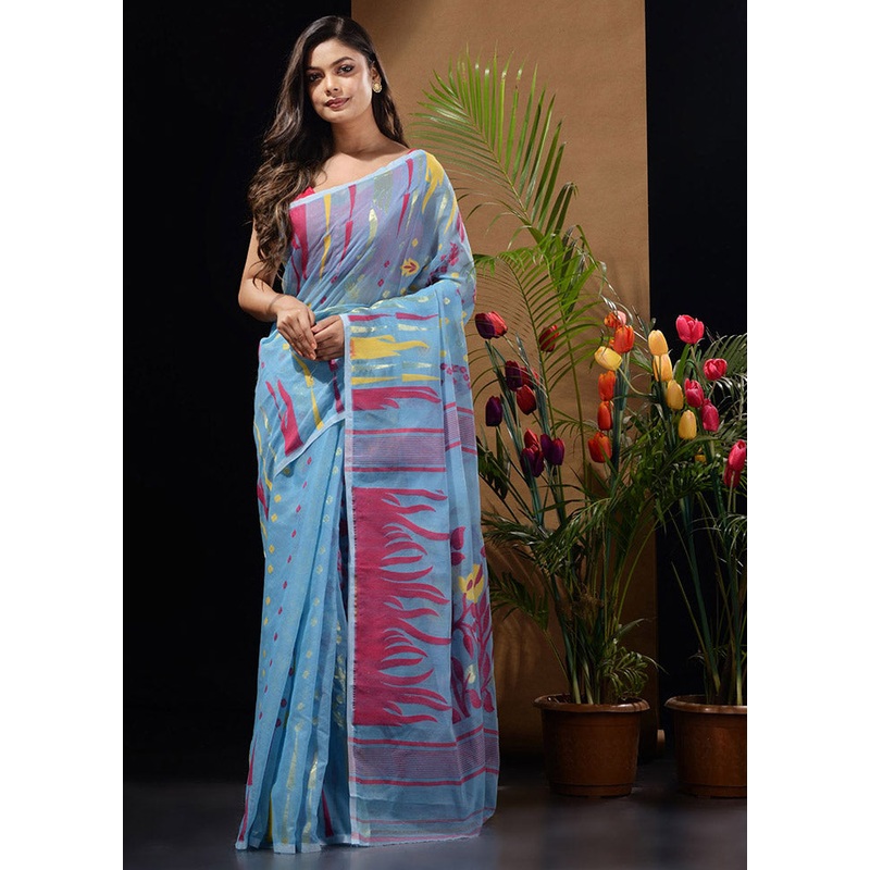 Sky Blue Tant Jamdani Saree Without Blouse Piece - JD986596501