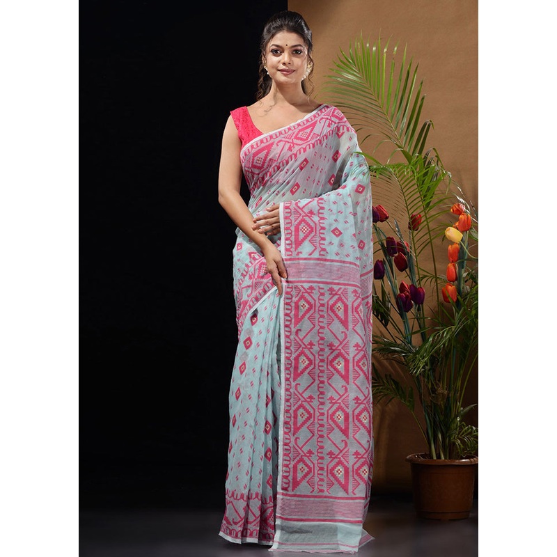 Sky Blue Tant Jamdani Saree Without Blouse Piece - JD986596515