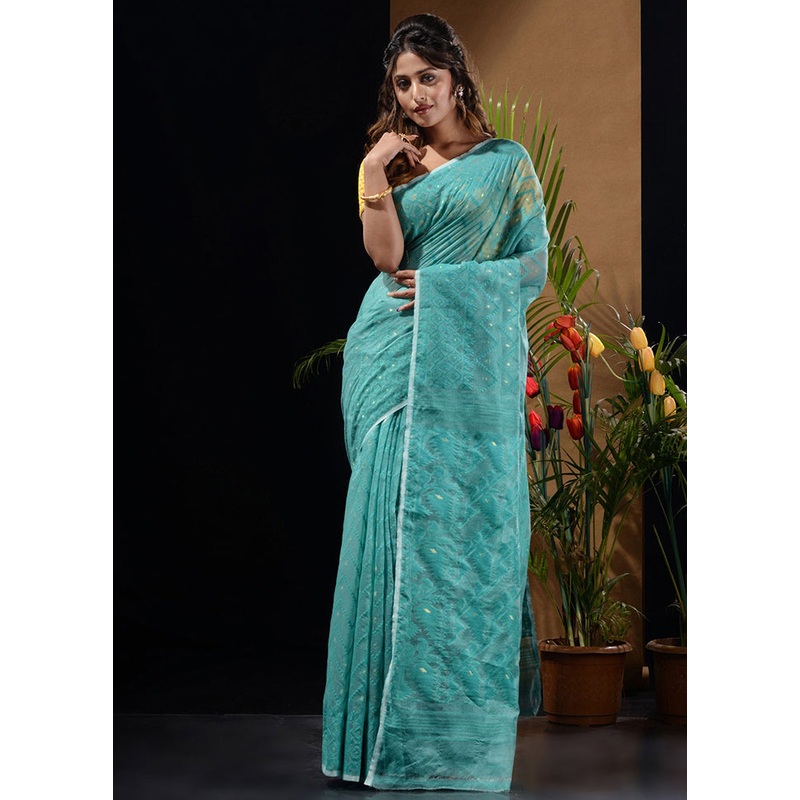 Sky Blue Tant Jamdani Saree Without Blouse Piece - JD986596528