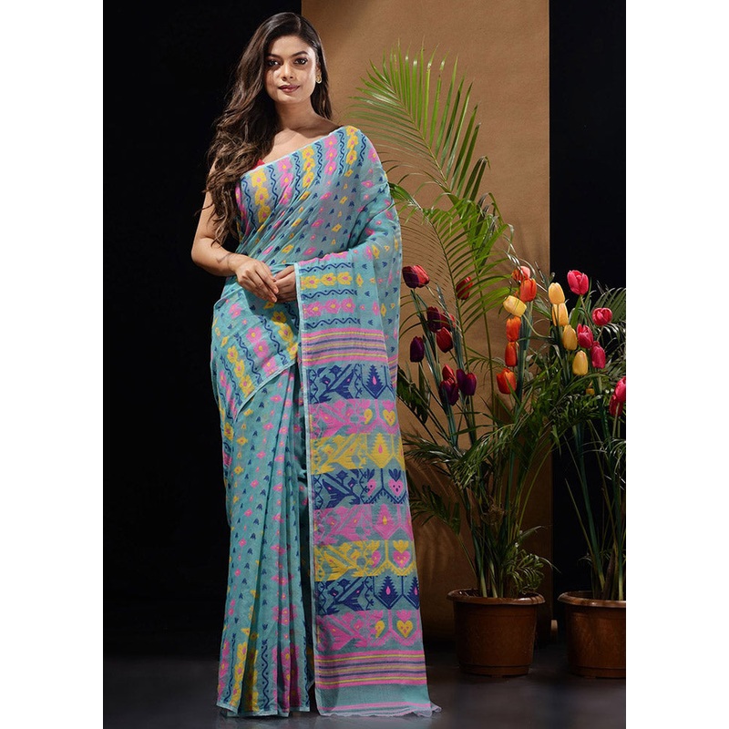 Sky Blue Tant Jamdani Saree Without Blouse Piece - JD986596619