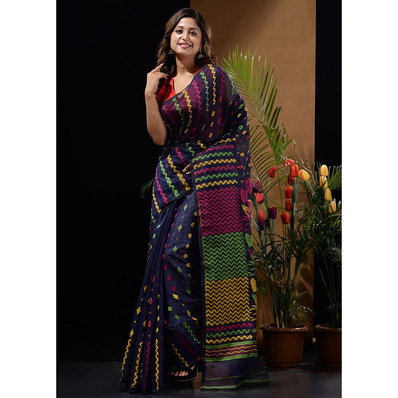 Violet Tant Jamdani Saree Without Blouse Piece - JD986596610
