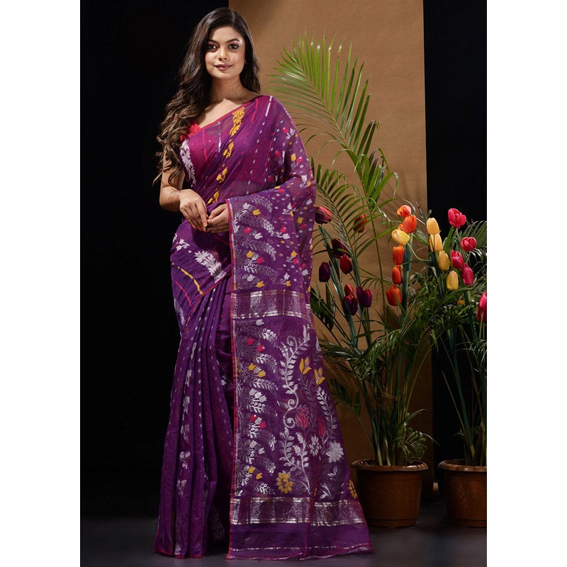 Violet Tant Jamdani Saree Without Blouse Piece - JD986596636