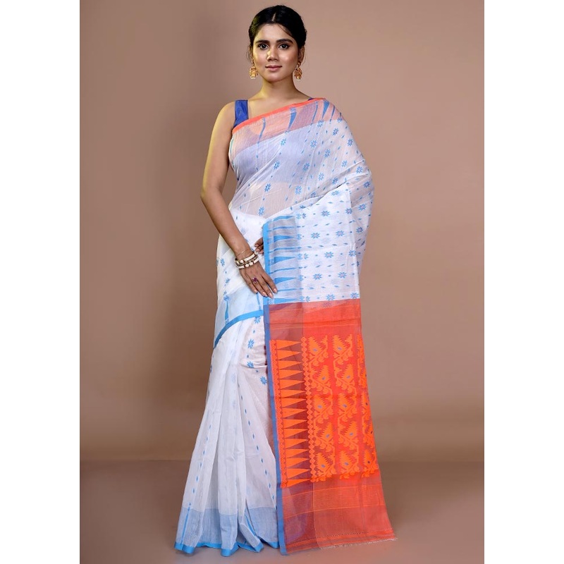 White Cotton Jamdani Saree Without Blouse Piece - JD986596650