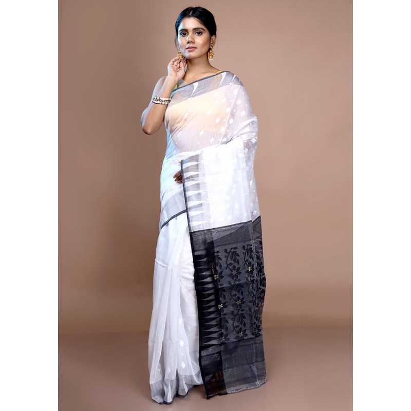 White Cotton Jamdani Saree Without Blouse Piece - JD986596651