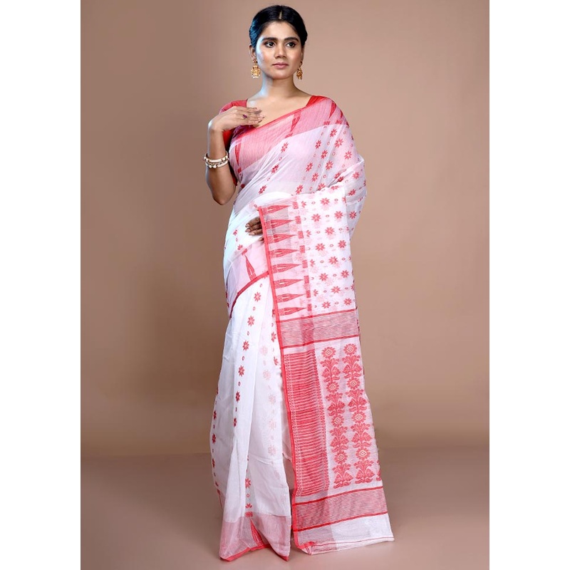 White Cotton Jamdani Saree Without Blouse Piece - JD986596652
