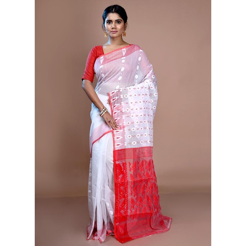 White Cotton Jamdani Saree Without Blouse Piece - JD986596654