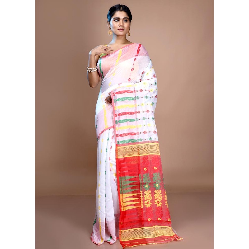 White Cotton Jamdani Saree Without Blouse Piece - JD986596655