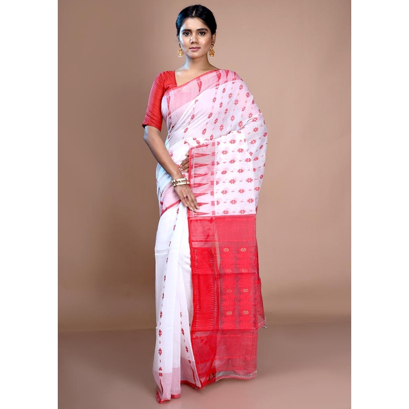White Cotton Jamdani Saree Without Blouse Piece - JD986596656