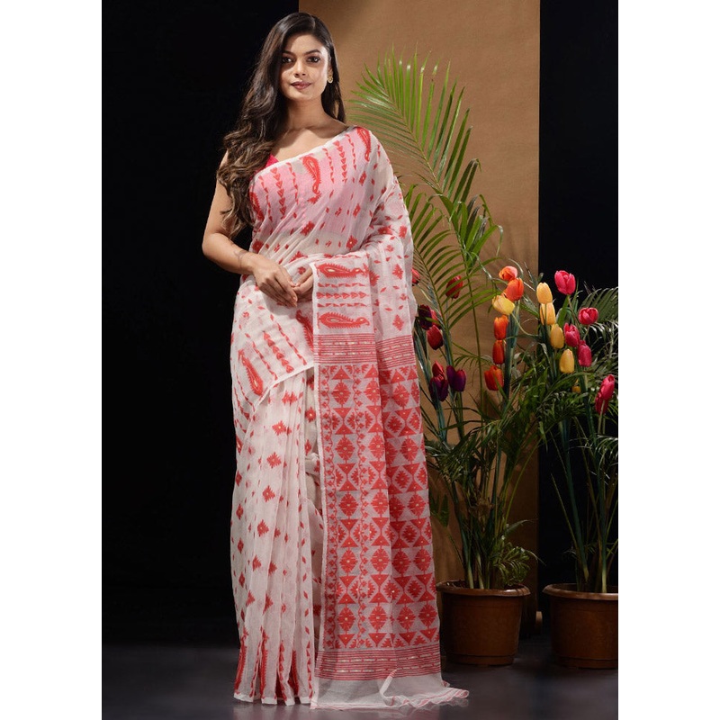 White Tant Jamdani Saree Without Blouse Piece - JD986596503