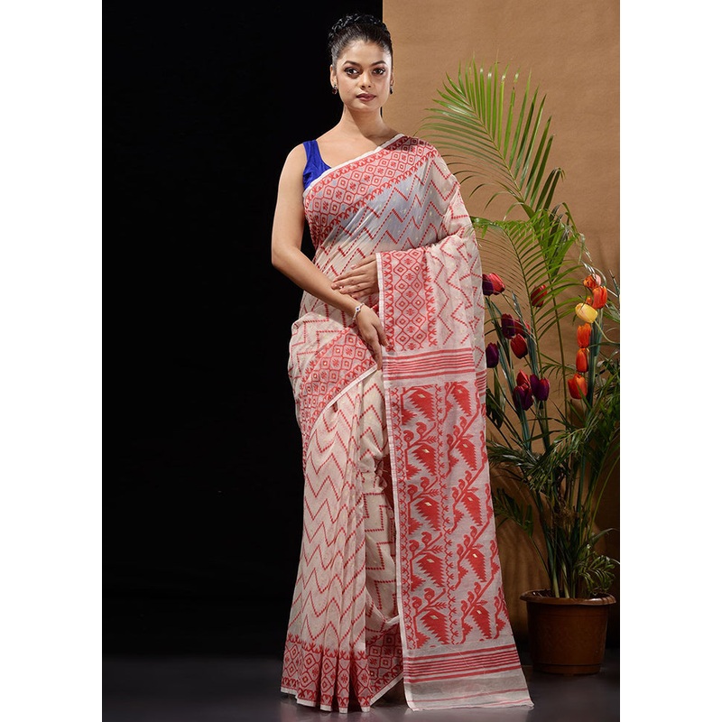 White Tant Jamdani Saree Without Blouse Piece - JD986596527