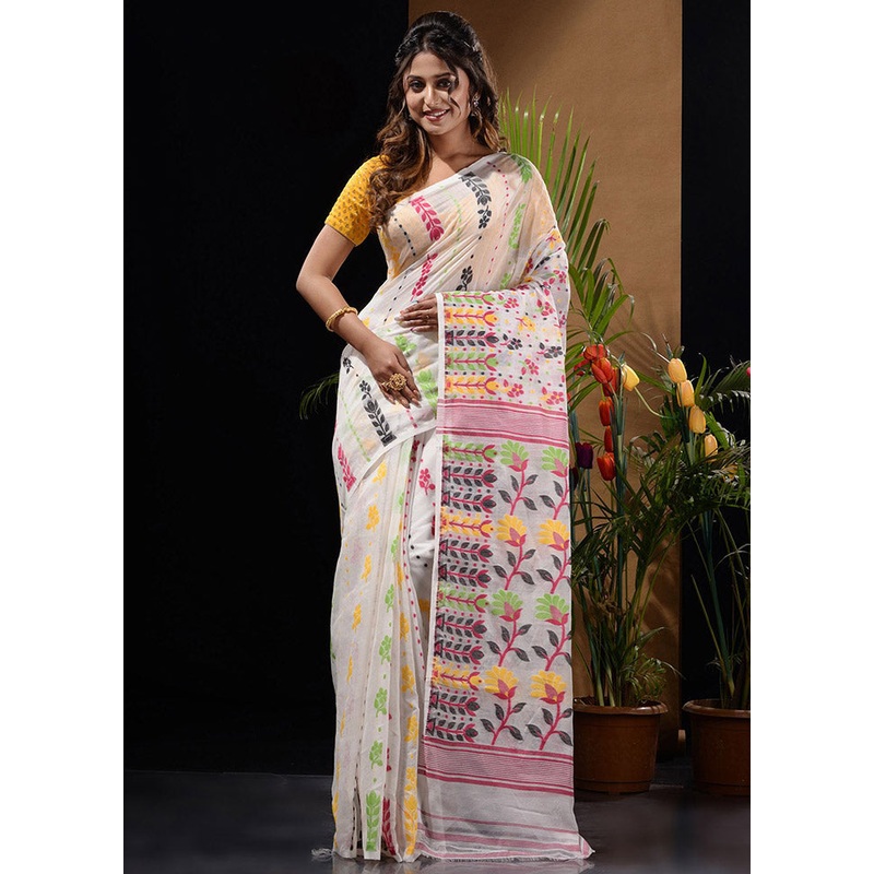 White Tant Jamdani Saree Without Blouse Piece - JD986596558