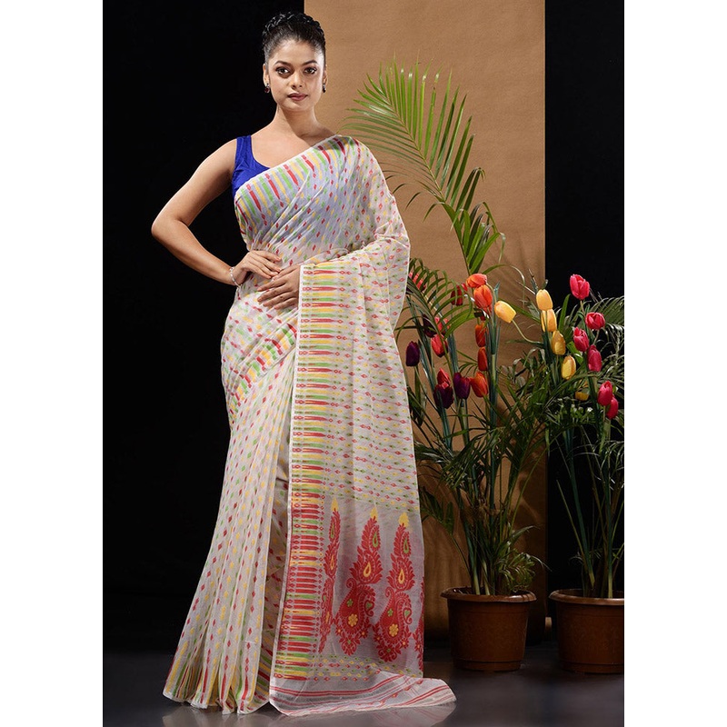 White Tant Jamdani Saree Without Blouse Piece - JD986596564