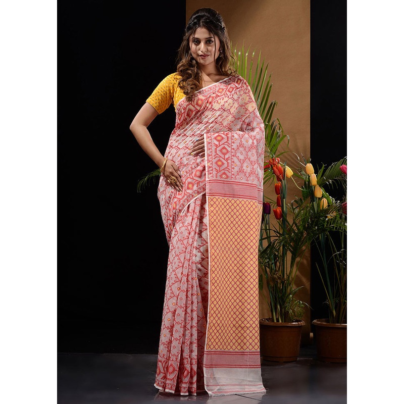 White Tant Jamdani Saree Without Blouse Piece - JD986596567