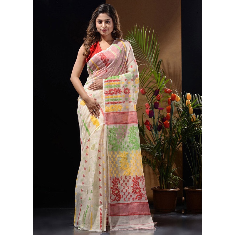 White Tant Jamdani Saree Without Blouse Piece - JD986596591