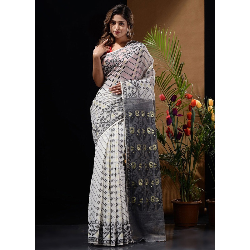 White Tant Jamdani Saree Without Blouse Piece - JD986596616