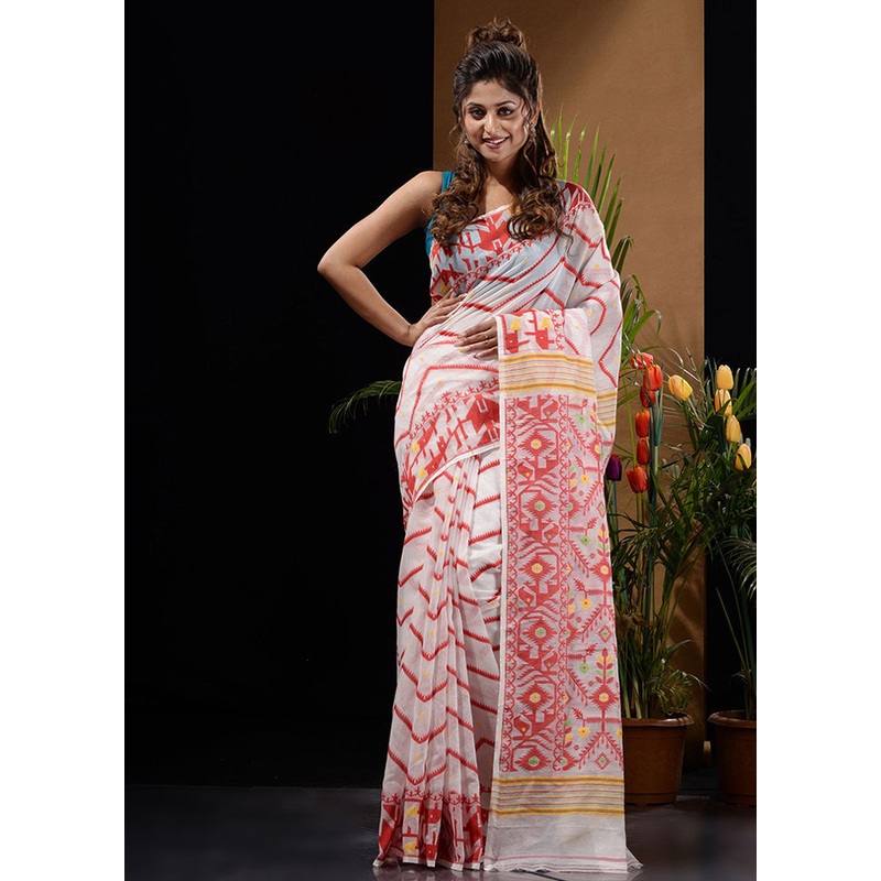 White Tant Jamdani Saree Without Blouse Piece - JD986596625