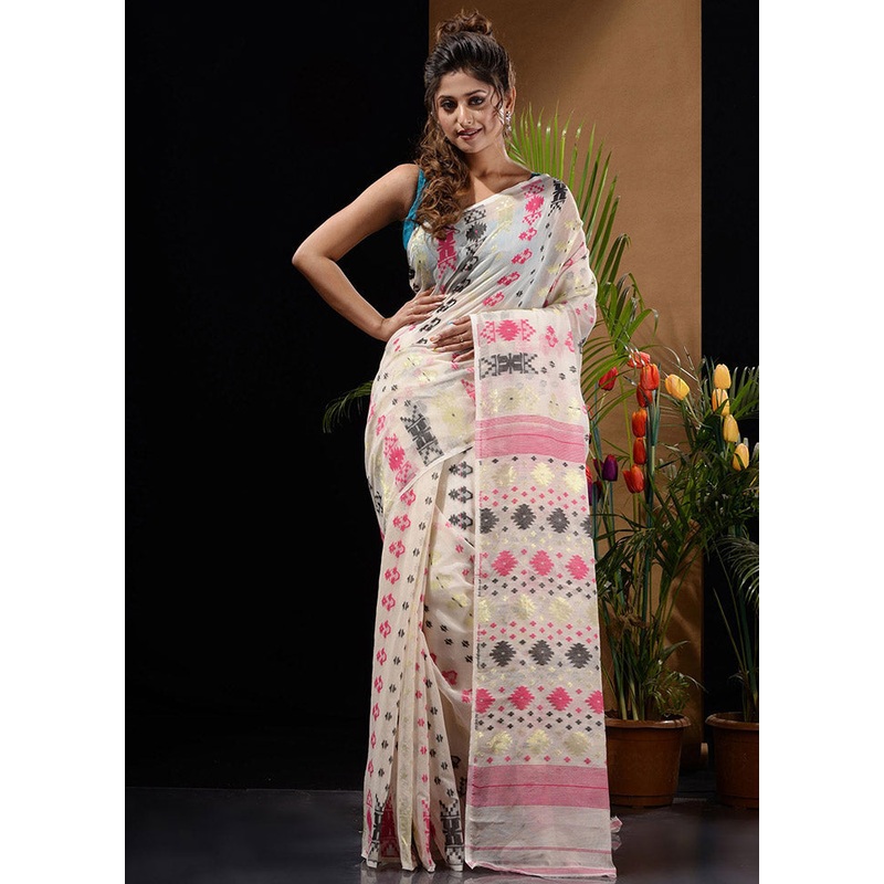 White Tant Jamdani Saree Without Blouse Piece - JD986596628