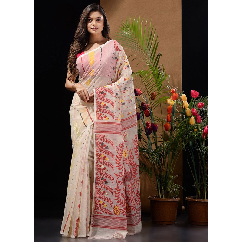 White Tant Jamdani Saree Without Blouse Piece - JD986596637