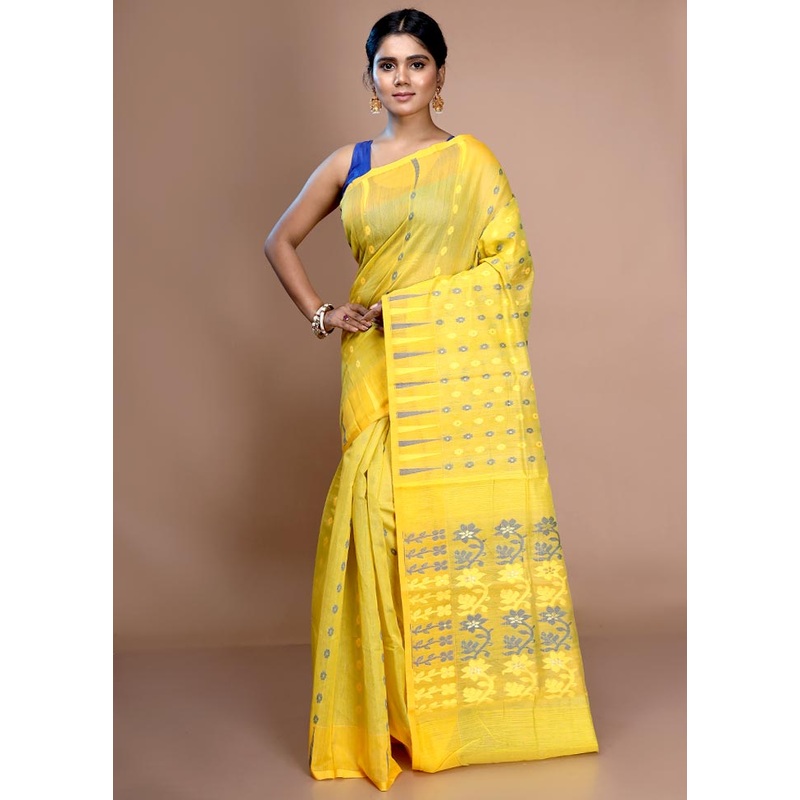Yellow Cotton Jamdani Saree Without Blouse Piece - JD986596649