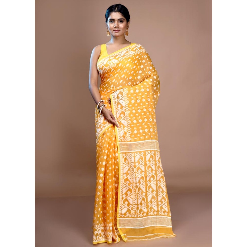 Yellow Cotton Jamdani Saree Without Blouse Piece - JD986596657