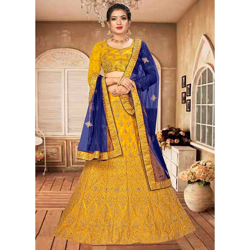 Yellow Semi Stitched Blended Silk Lehenga Choli Set With Dupatta - JD986596485