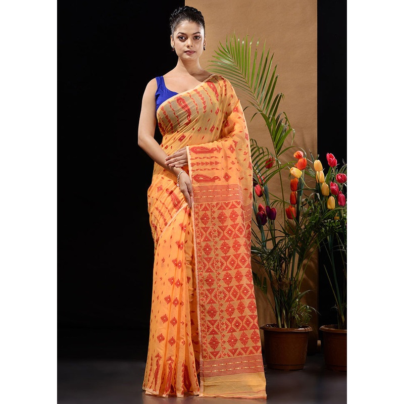 Yellow Tant Jamdani Saree Without Blouse Piece - JD986596508