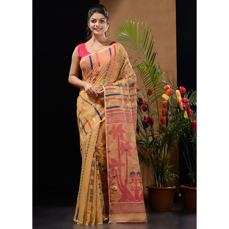 Yellow Tant Jamdani Saree Without Blouse Piece - JD986596517
