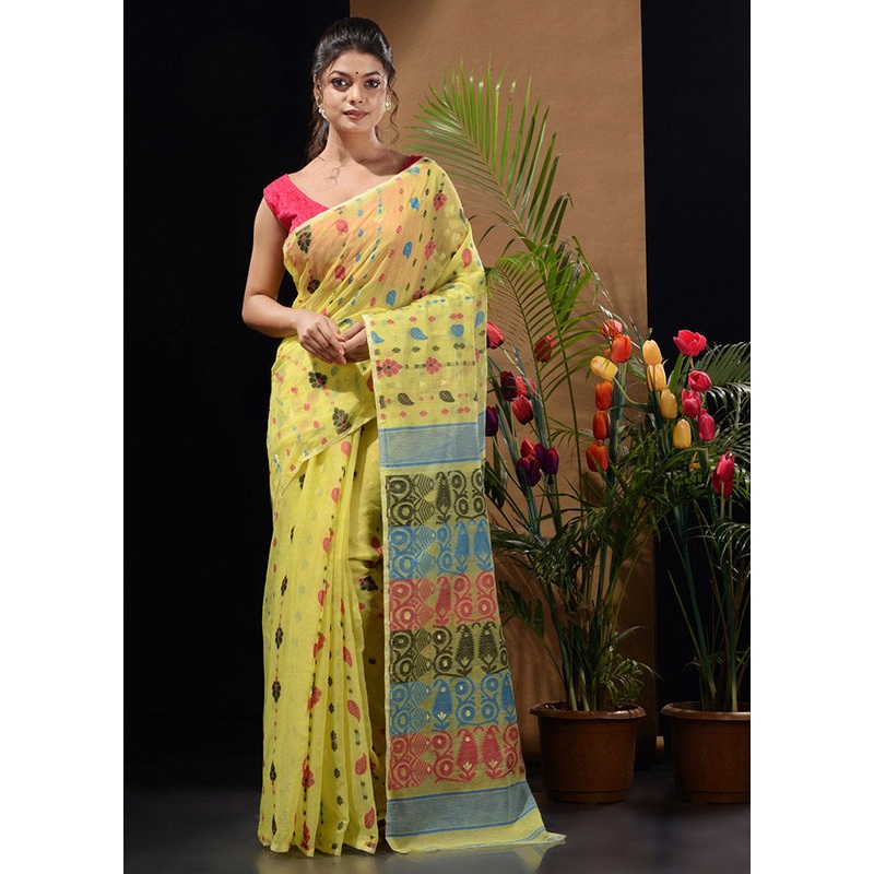 Yellow Tant Jamdani Saree Without Blouse Piece - JD986596546