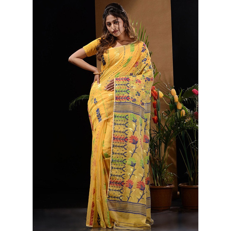 Yellow Tant Jamdani Saree Without Blouse Piece - JD986596552