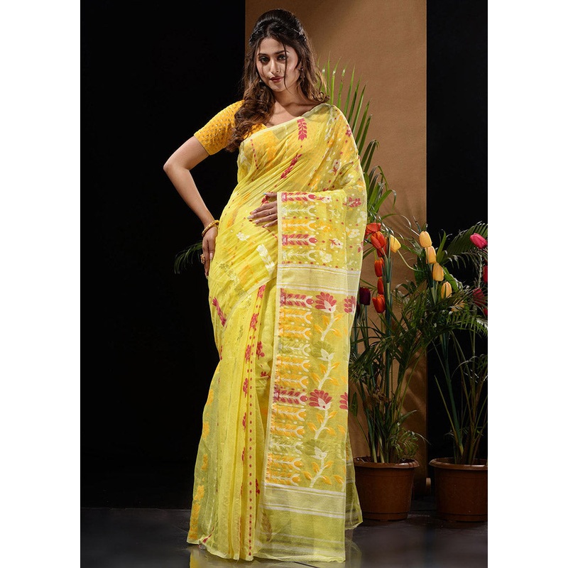 Yellow Tant Jamdani Saree Without Blouse Piece - JD986596554