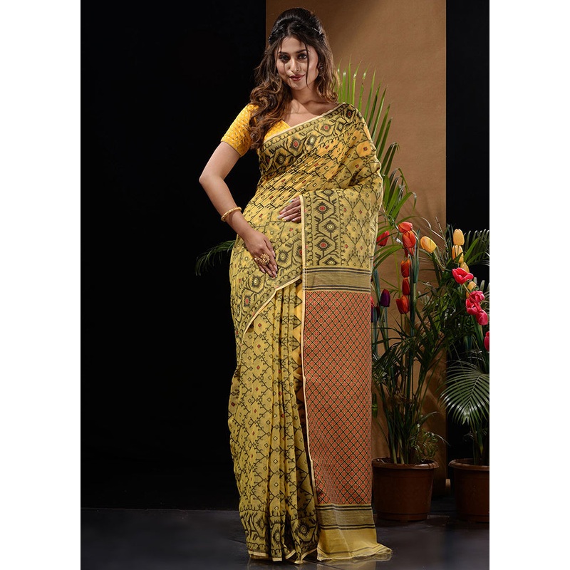 Yellow Tant Jamdani Saree Without Blouse Piece - JD986596570