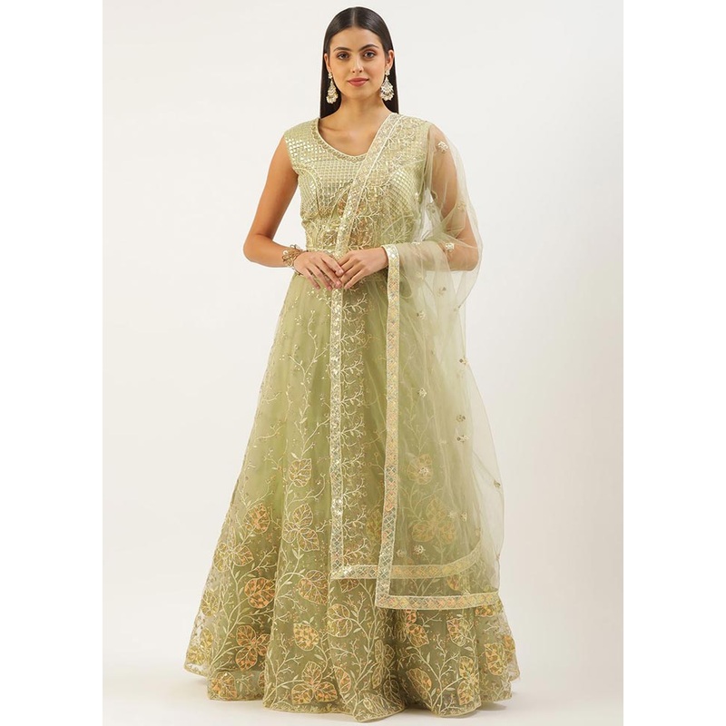 3 Pc Green Semi Stitched Net Lehenga Choli Set With Dupatta - JD986596360