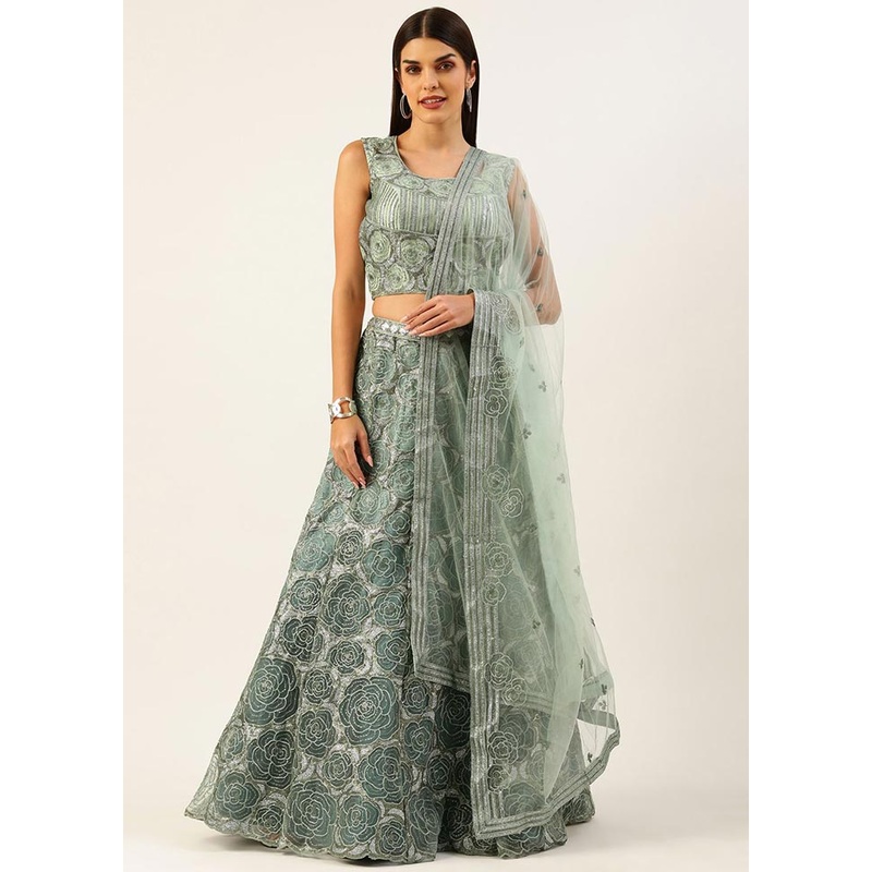 3 Pc Sea Green Semi Stitched Net Lehenga Choli Set With Dupatta - JD986596359