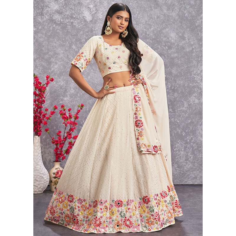 Beige Semi Stitched Blended Georgette Lehenga Choli Set With Dupatta - JD986596279