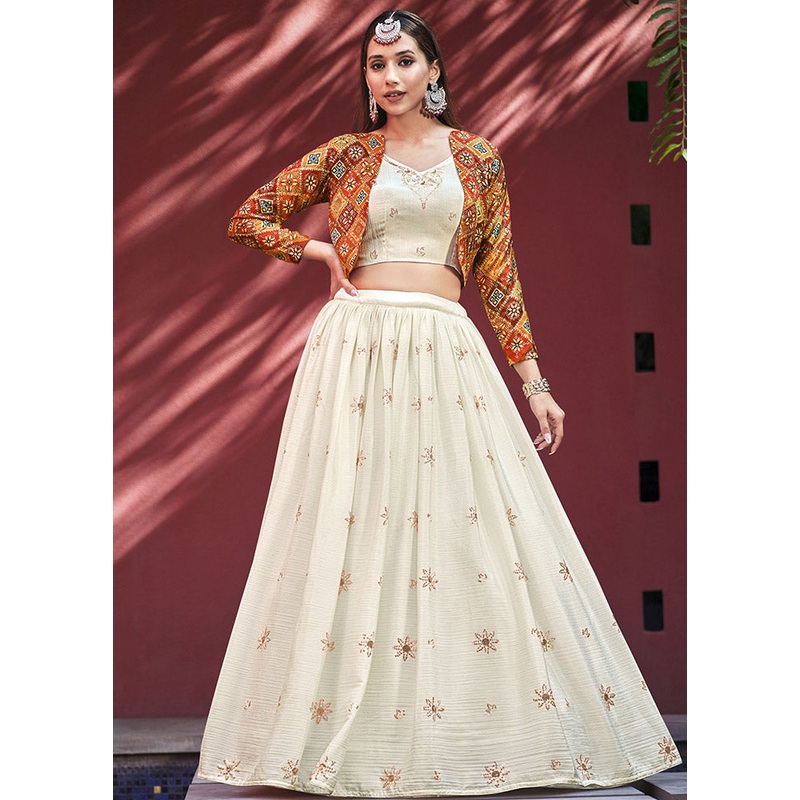 Beige Semi Stitched Embroidered Lehenga Choli Set With Dupatta - JD986596400