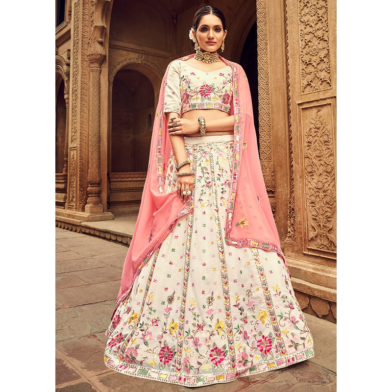 Beige Semi Stitched Lehenga Choli Set With Dupatta - JD986596197
