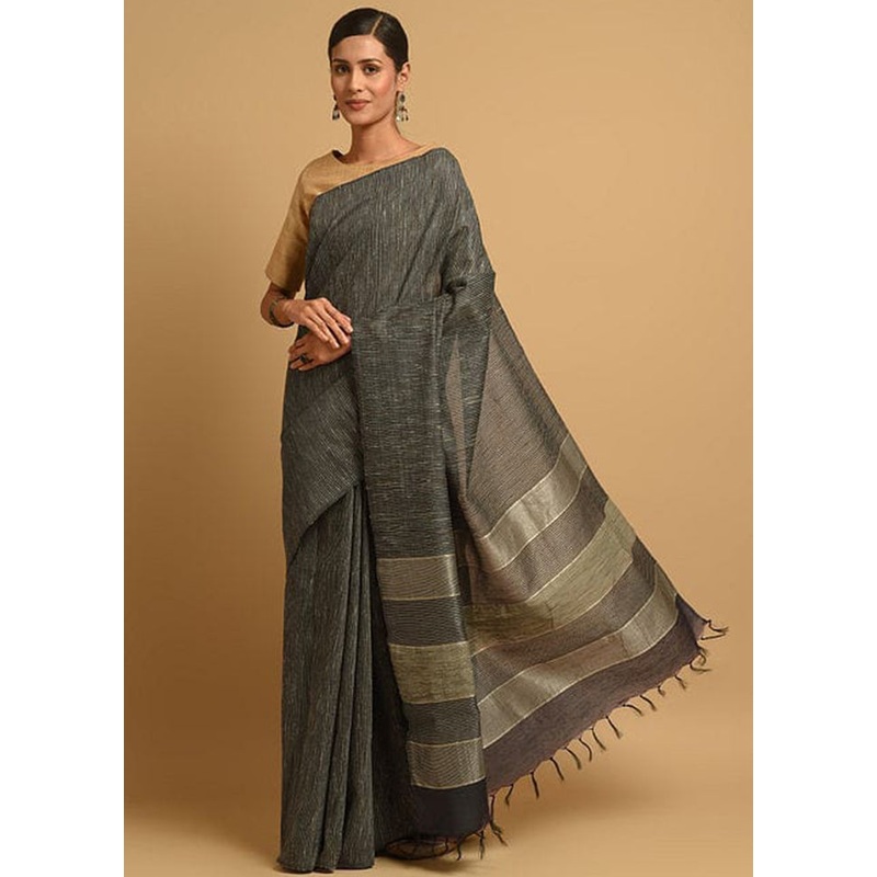 Black Ghicha Tussar Silk Saree With Blouse Piece - JD986596177