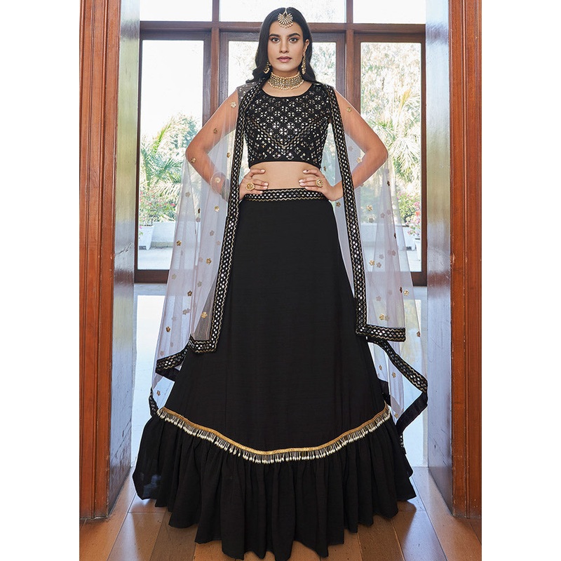 Black Semi Stitched Embroidered Lehenga Choli Set With Dupatta - JD986596396