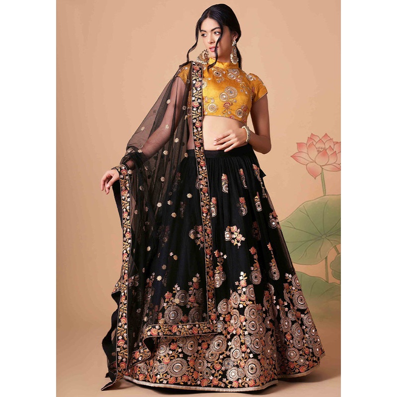Black Semi Stitched Net Embroidered Lehenga Choli Set With Dupatta - JD986596415