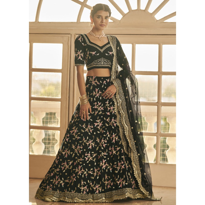 Black Semi Stitched Silk Lehenga Choli Set - JD986596449