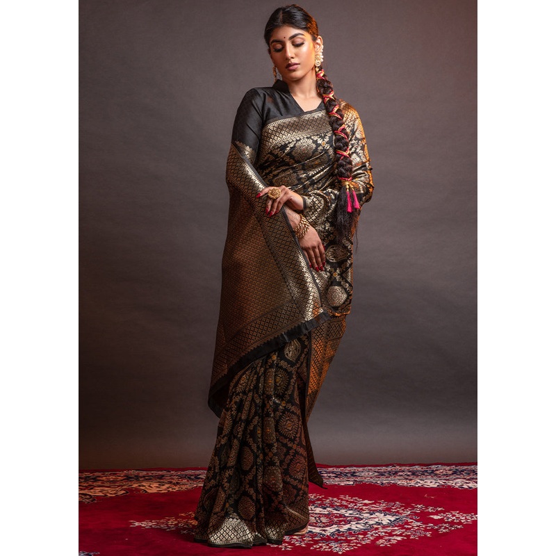 Black Spun Silk Saree With Blouse Piece - JD986596304