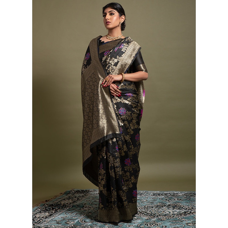 Black Spun Silk Saree With Blouse Piece - JD986596308