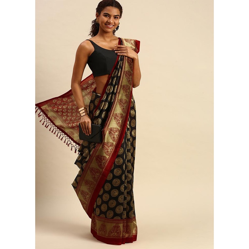 Black Spun Silk Saree With Blouse Piece - JD986596310
